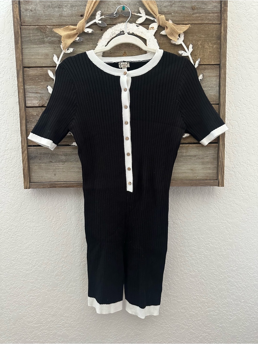 Free People Intimately Black & White Ribbed Knit Romper with Button Front XL NWT
